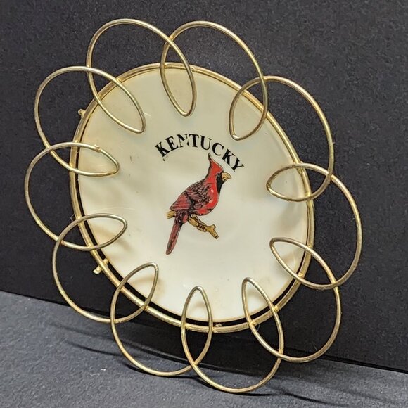 Vintage Kentucky Wire Framed Cardinal Plate Decorative Red Bird 4'' JAPAN - Picture 2 of 5